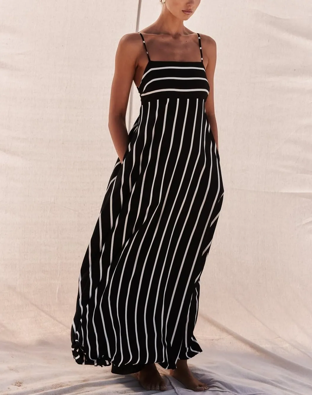 KMBANGI Women Striped Sleeveless Maxi Dress Swing Aline Midi Dress Backless Smocked Spaghetti Strap Boho Flowy Sundress