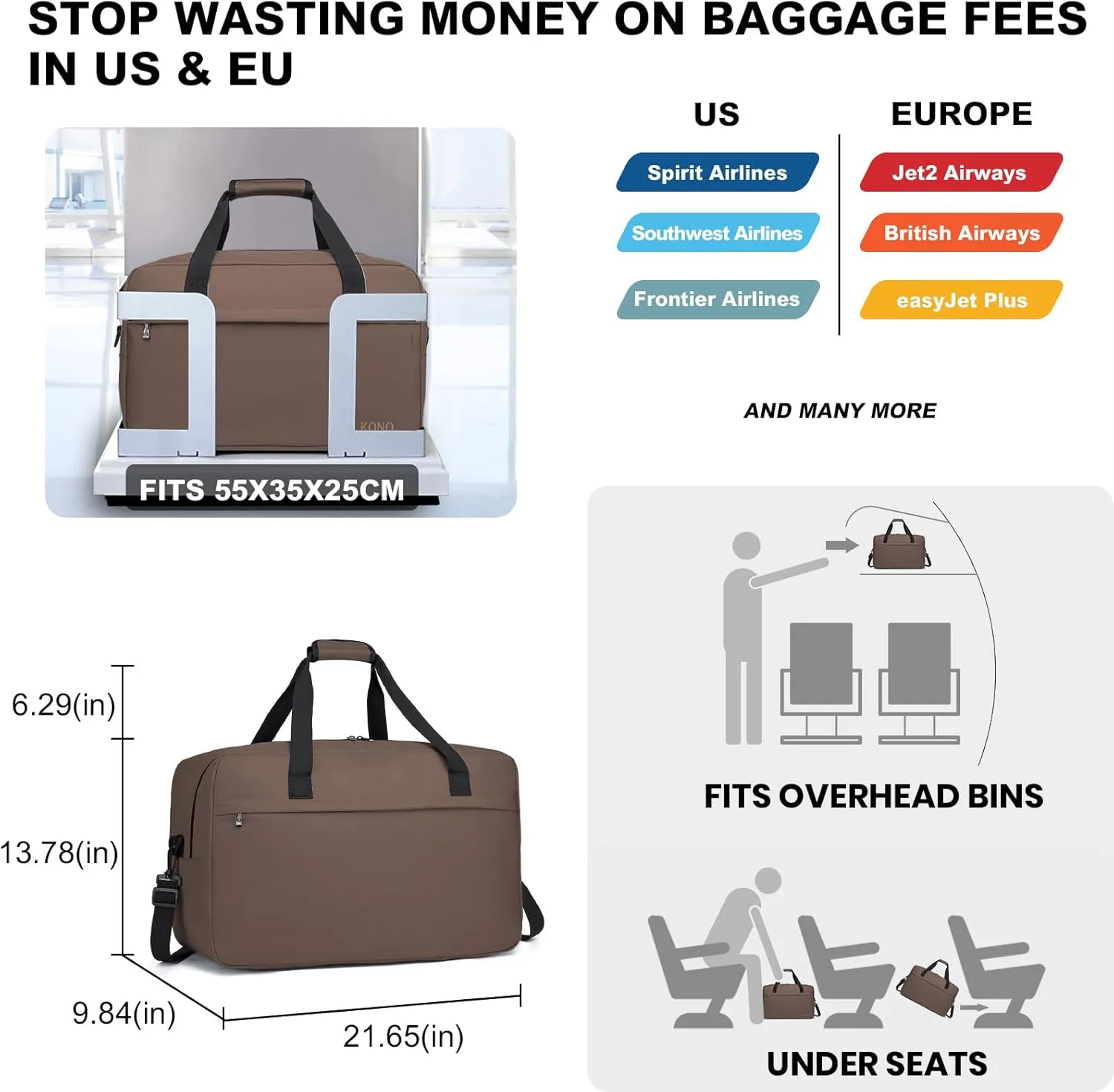 Kono Travel Duffel Bag 48L Large Carry-on Bag Sports Tote Gym Bag Weekender Overnight Bags for Men Women 21.65"x13.78"x9.84" Brown