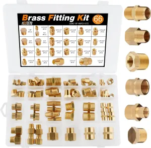KOOTANS 66pcs Brass Pipe Fittings Assortment NPT Adapter Fitting, Reducer Bushing, Hex Nipple, Reducing Hex Coupling, Pipe Head Brass Plug Kit