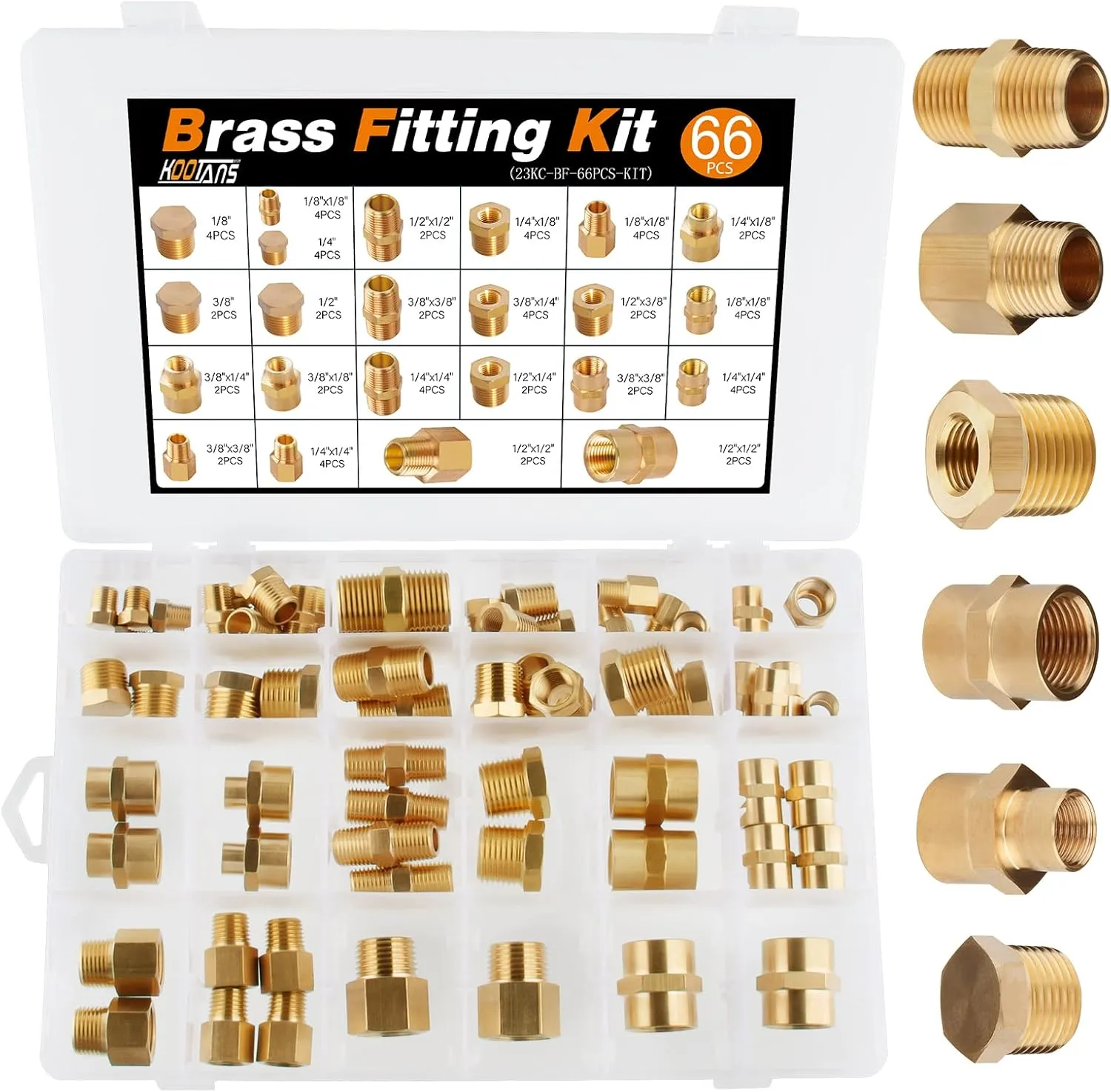 KOOTANS 66pcs Brass Pipe Fittings Assortment NPT Adapter Fitting, Reducer Bushing, Hex Nipple, Reducing Hex Coupling, Pipe Head Brass Plug Kit