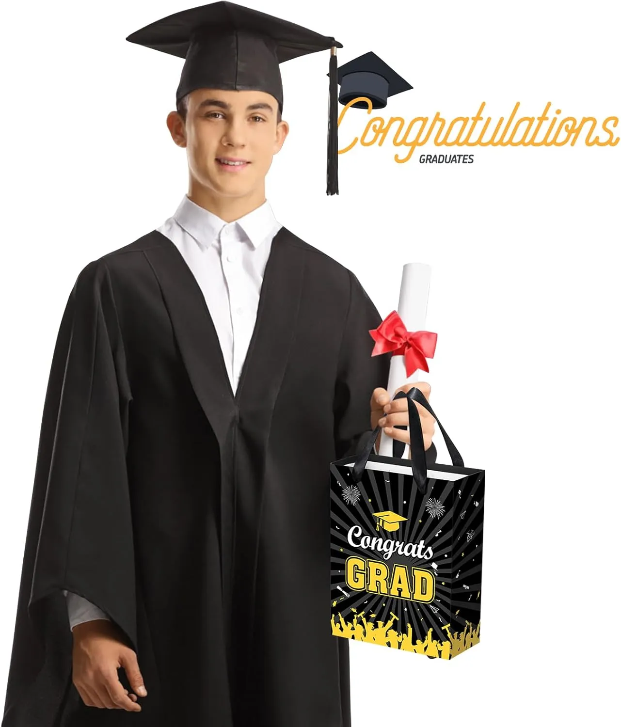 KPOSIYA Graduation Gift Bags 12-Pack with Tissue Paper & Cards, Class of 2025 Grad Gift Bag, Congratulations Party Favor Bags with Handles for High School, College, 8th Grade and More (Black,Gold)