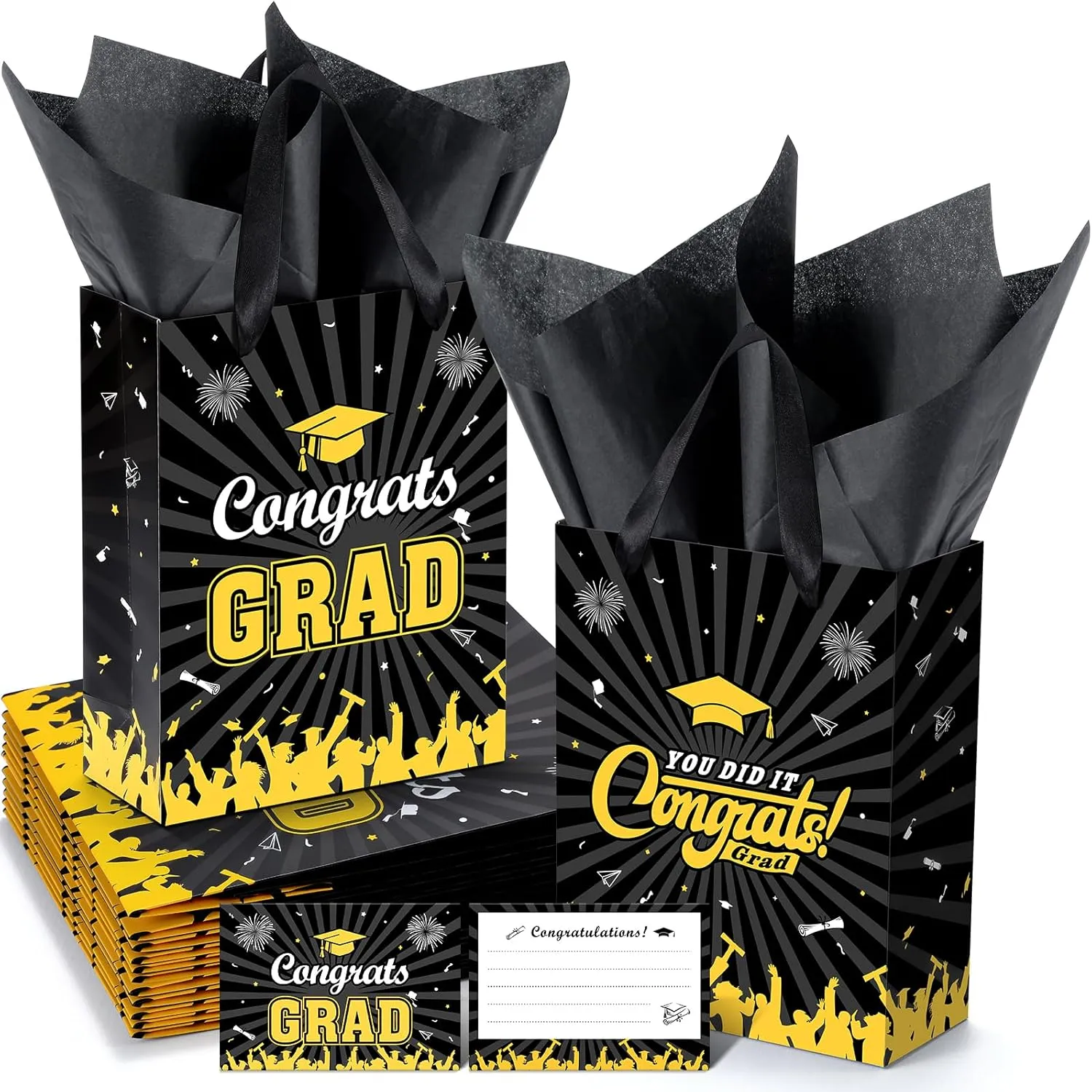 KPOSIYA Graduation Gift Bags 12-Pack with Tissue Paper & Cards, Class of 2025 Grad Gift Bag, Congratulations Party Favor Bags with Handles for High School, College, 8th Grade and More (Black,Gold)
