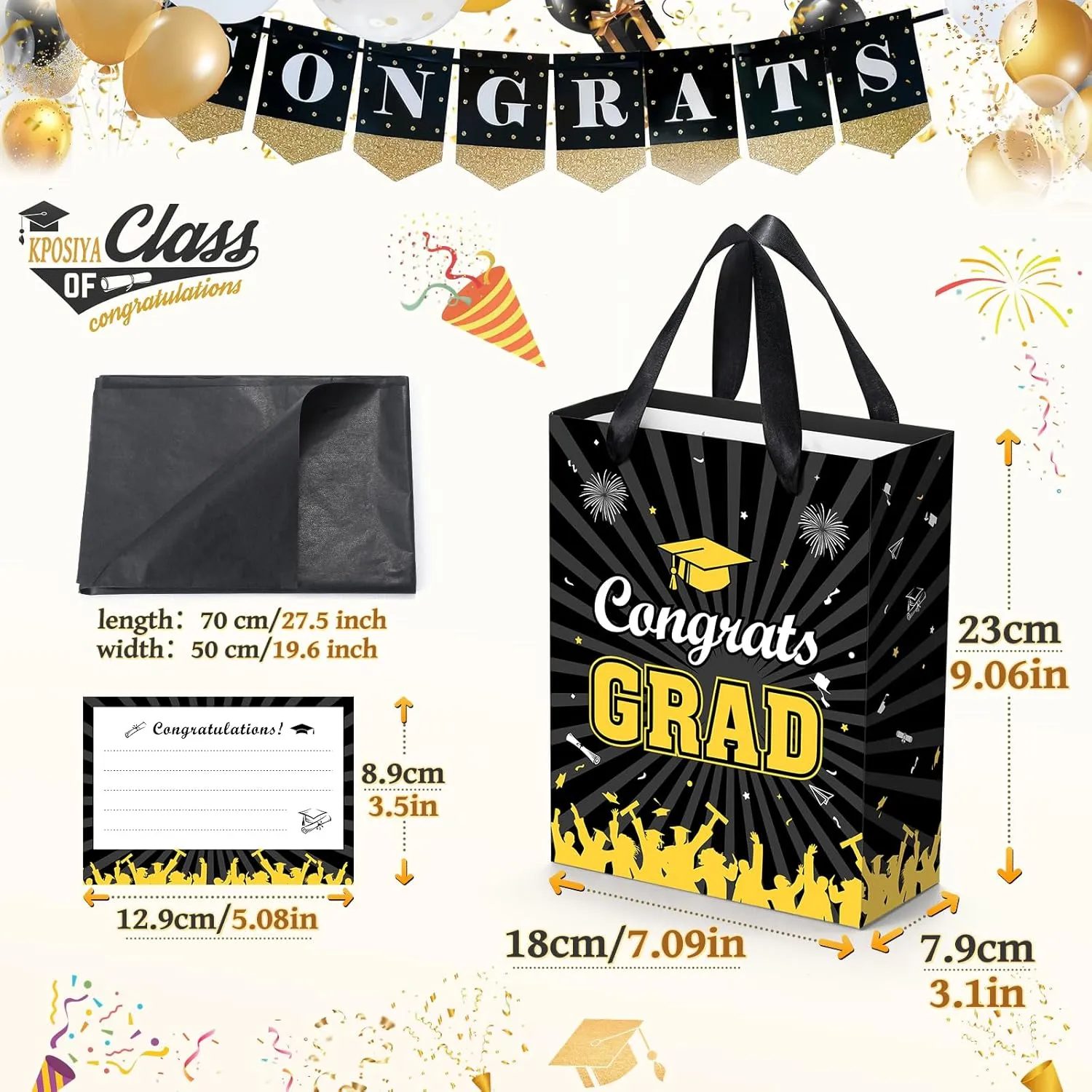 KPOSIYA Graduation Gift Bags 12-Pack with Tissue Paper & Cards, Class of 2025 Grad Gift Bag, Congratulations Party Favor Bags with Handles for High School, College, 8th Grade and More (Black,Gold)