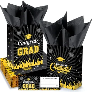 KPOSIYA Graduation Gift Bags 12-Pack with Tissue Paper & Cards, Class of 2025 Grad Gift Bag, Congratulations Party Favor Bags with Handles for High School, College, 8th Grade and More (Black,Gold)