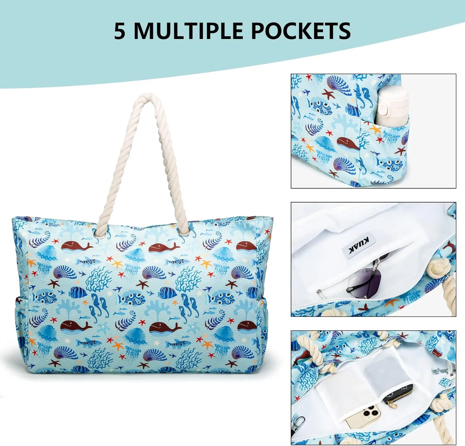 KUAK Beach Bag, Large Beach Bags for Women Waterproof Sandproof Beach Tote Bag with Zipper and Pockets for Pool Family