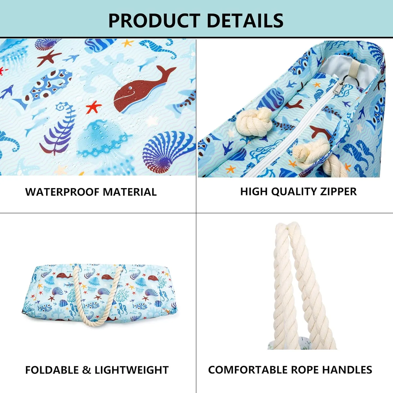 KUAK Beach Bag, Large Beach Bags for Women Waterproof Sandproof Beach Tote Bag with Zipper and Pockets for Pool Family