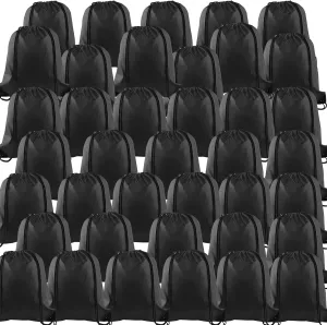 KUUQA 40Pcs Black Drawstring Backpack Bags Sack Drawstring Bags Bulk String Backpack Storage Bags for Sport Gym Traveling