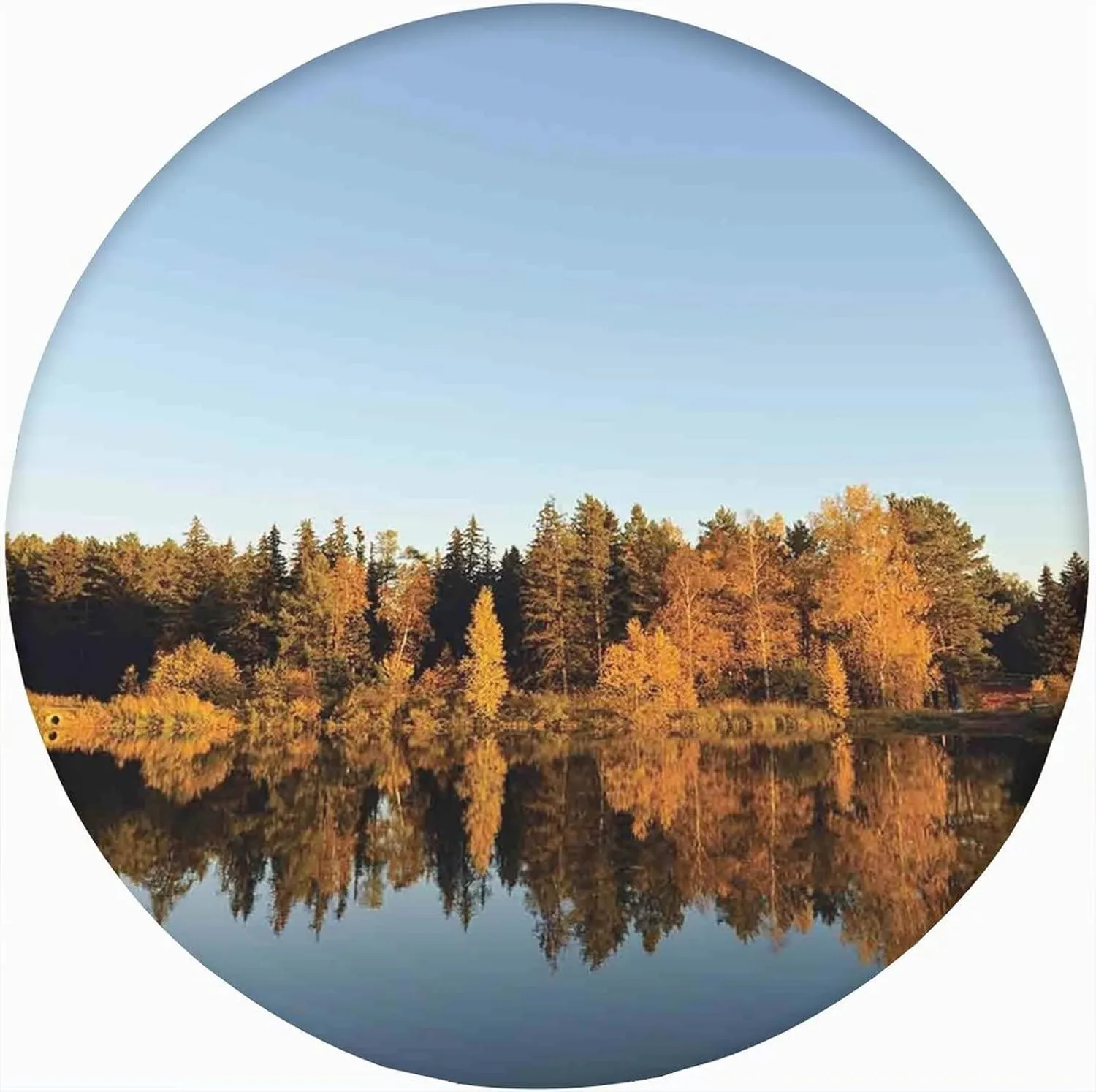 Lake Decor Round Fitted Tablecloth,Photo of Autumn Forest Trees Over The Lake Peace Nature Art Print Elastic Edged Polyester Table Pad Small Fit Round Tables Diameter for Kitchen Dining 72x72 In