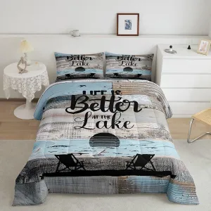 Lake House Bedding Set Queen Size, Rustic Farmhouse Comforter Set For Kids Teens Adult Women Bedroom Decor, Wooden Barn Door Duvet Insert Ocean Beach Quilt Lake House Decor For The Home, Blue Grey