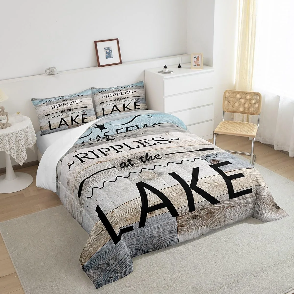 Lake Life Comforter Set Queen Size,Inspirational Quotes Print Bedding Set for Women Adult,Lakeside Cabin Fishing Camping Luxury Bed Duvet Insert, 2 Pillowcases
