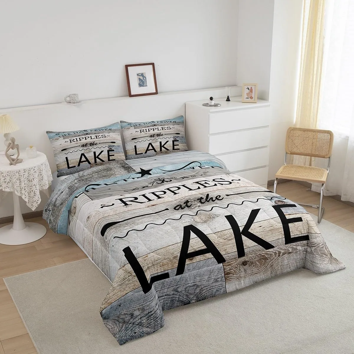 Lake Life Comforter Set Queen Size,Inspirational Quotes Print Bedding Set for Women Adult,Lakeside Cabin Fishing Camping Luxury Bed Duvet Insert, 2 Pillowcases