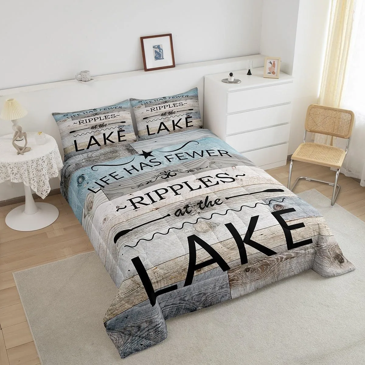 Lake Life Comforter Set Queen Size,Inspirational Quotes Print Bedding Set for Women Adult,Lakeside Cabin Fishing Camping Luxury Bed Duvet Insert, 2 Pillowcases