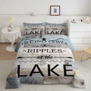 Lake Life Comforter Set Queen Size,Inspirational Quotes Print Bedding Set for Women Adult,Lakeside Cabin Fishing Camping Luxury Bed Duvet Insert, 2 Pillowcases