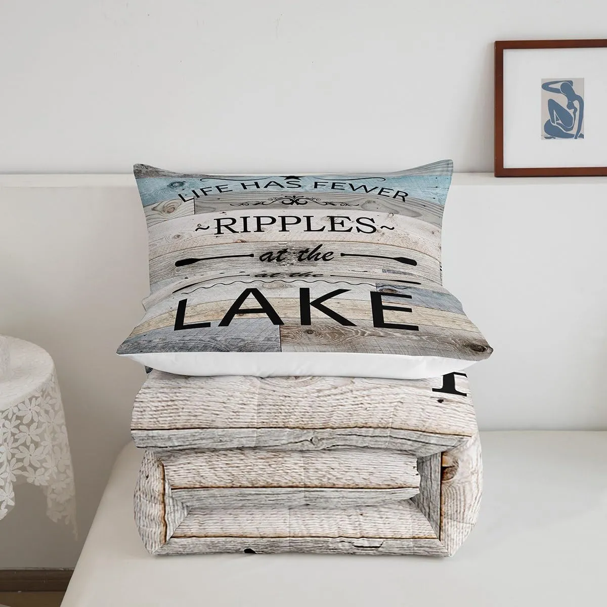 Lake Life Comforter Set Queen Size,Inspirational Quotes Print Bedding Set for Women Adult,Lakeside Cabin Fishing Camping Luxury Bed Duvet Insert, 2 Pillowcases