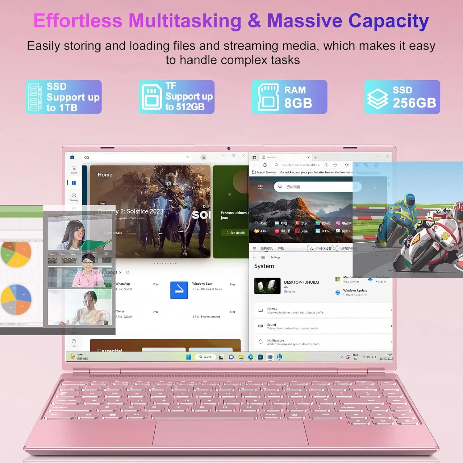 Laptop 14" 8GB 256GB SSD Celeron N5095 Up to 2.9 GHz Win 11 Laptop Support 512GB TF 1TB SSD Expand Notebook Support 5G WiFi丨BT 4.2丨Cooling Fan丨1920*1200丨Mouse and Keyboard Protector-Pink