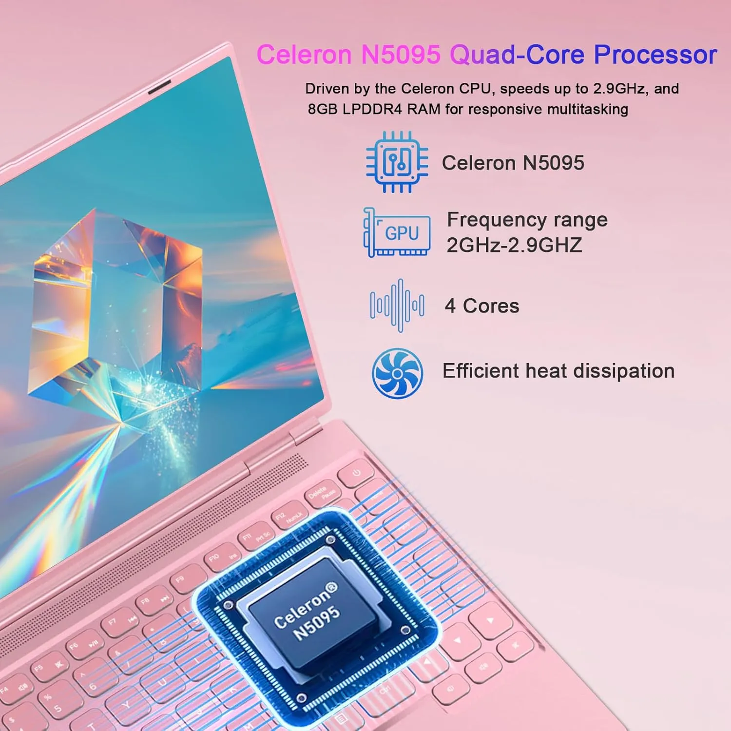 Laptop 14" 8GB 256GB SSD Celeron N5095 Up to 2.9 GHz Win 11 Laptop Support 512GB TF 1TB SSD Expand Notebook Support 5G WiFi丨BT 4.2丨Cooling Fan丨1920*1200丨Mouse and Keyboard Protector-Pink