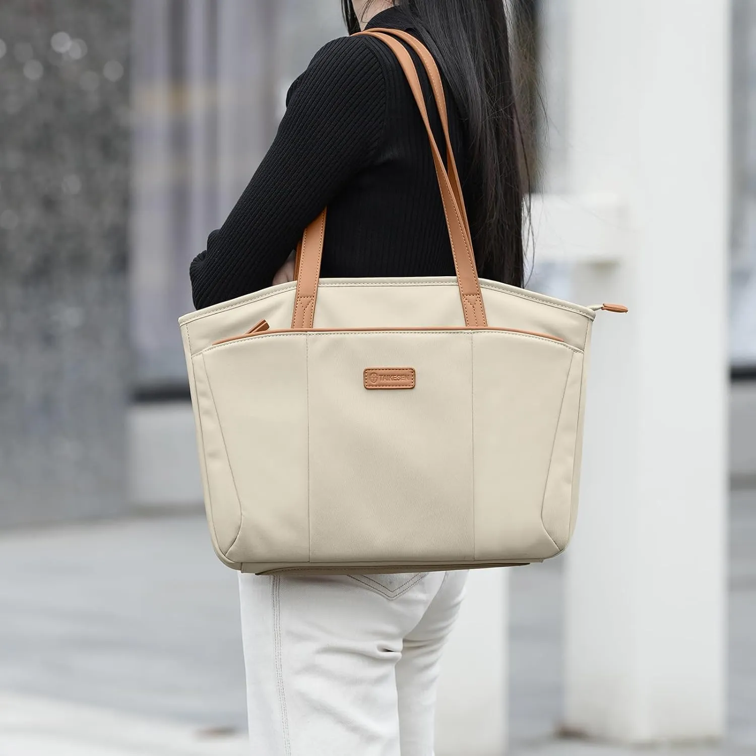 Laptop Tote Bag Shoulder Bag for Women 15-16 inch Waterproof Handbag Khaki Color
