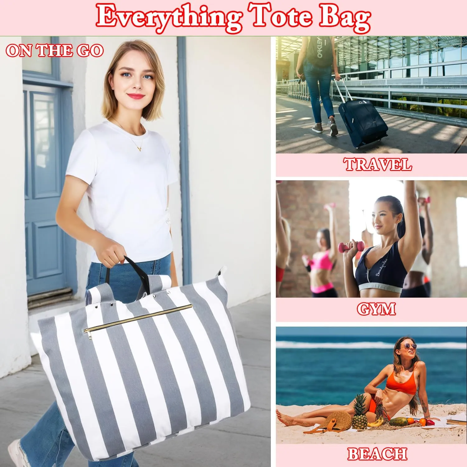 Large Beach Bag for Women, Waterproof Travel Tote Bag with Lunch/Wet Pocket for Weekender, Sandproof, Zipper Closure