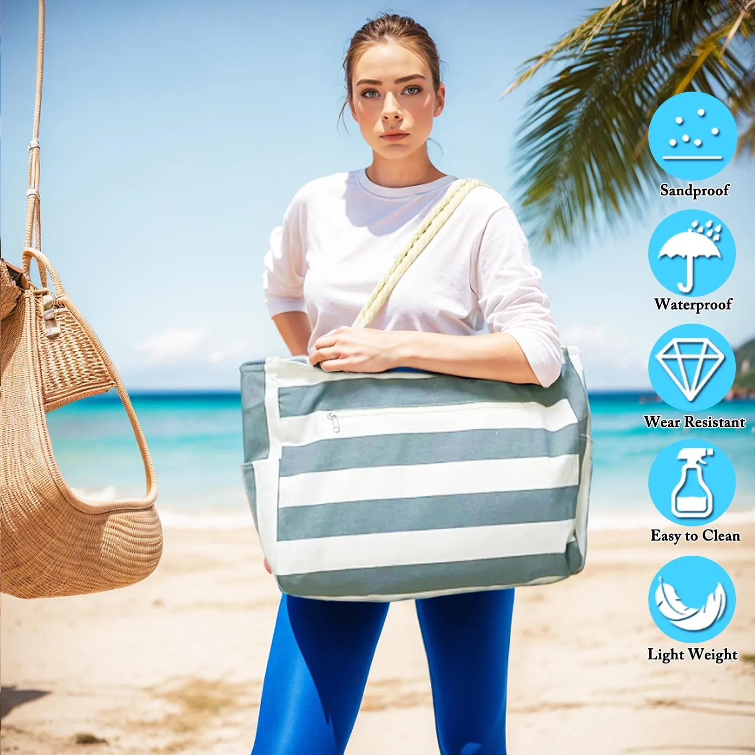 Large Beach Bag for Women, Waterproof Travel Tote Bag with Lunch/Wet Pocket for Weekender, Sandproof, Zipper Closure