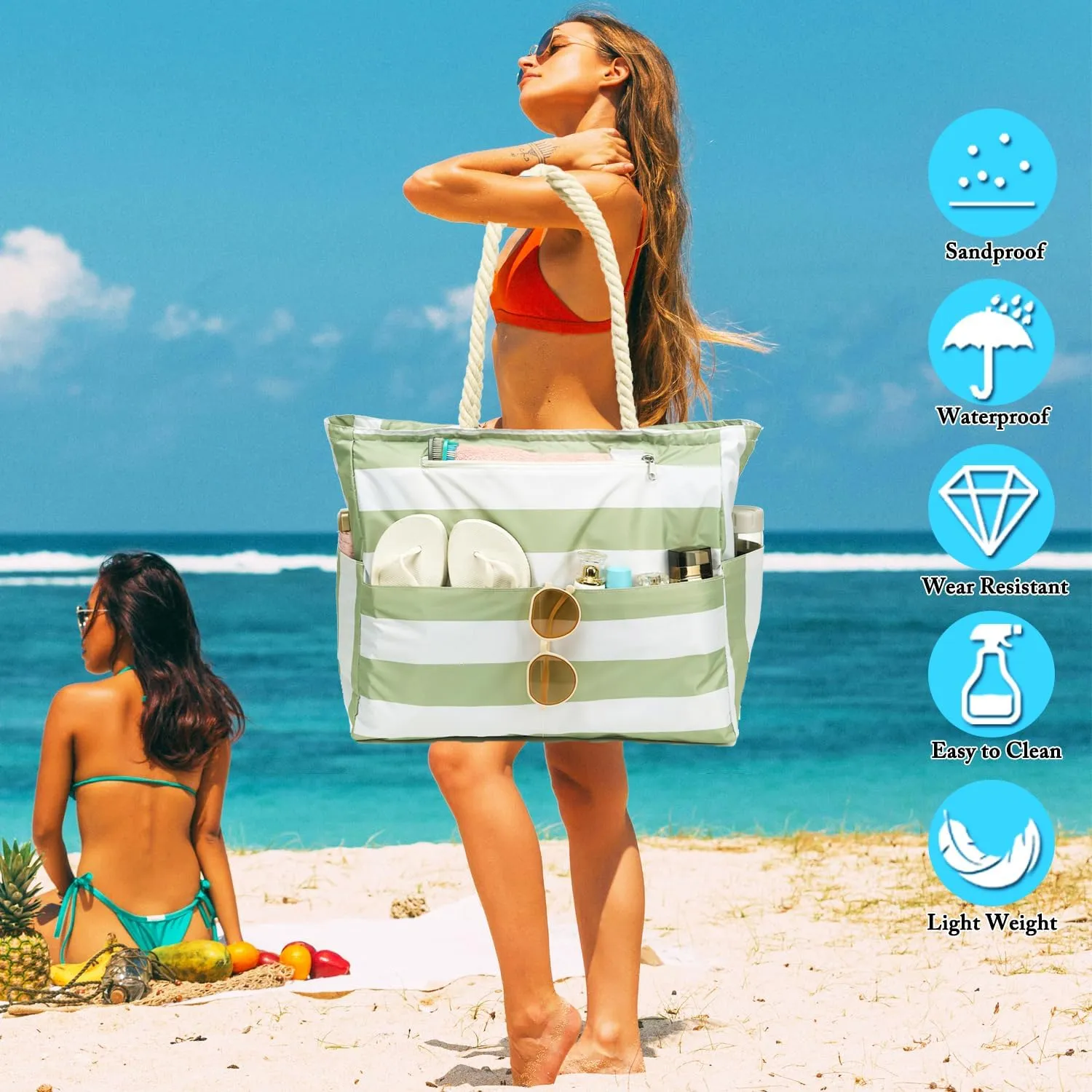 Large Beach Bag for Women, Waterproof Travel Tote Bag with Lunch/Wet Pocket for Weekender, Sandproof, Zipper Closure