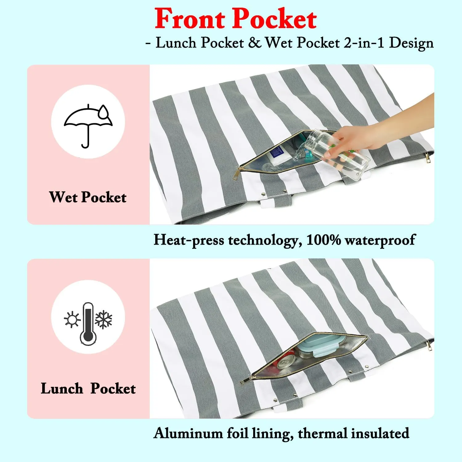 Large Beach Bag for Women, Waterproof Travel Tote Bag with Lunch/Wet Pocket for Weekender, Sandproof, Zipper Closure