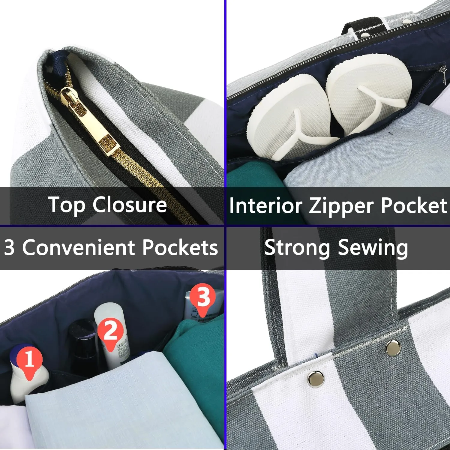 Large Beach Bag for Women, Waterproof Travel Tote Bag with Lunch/Wet Pocket for Weekender, Sandproof, Zipper Closure