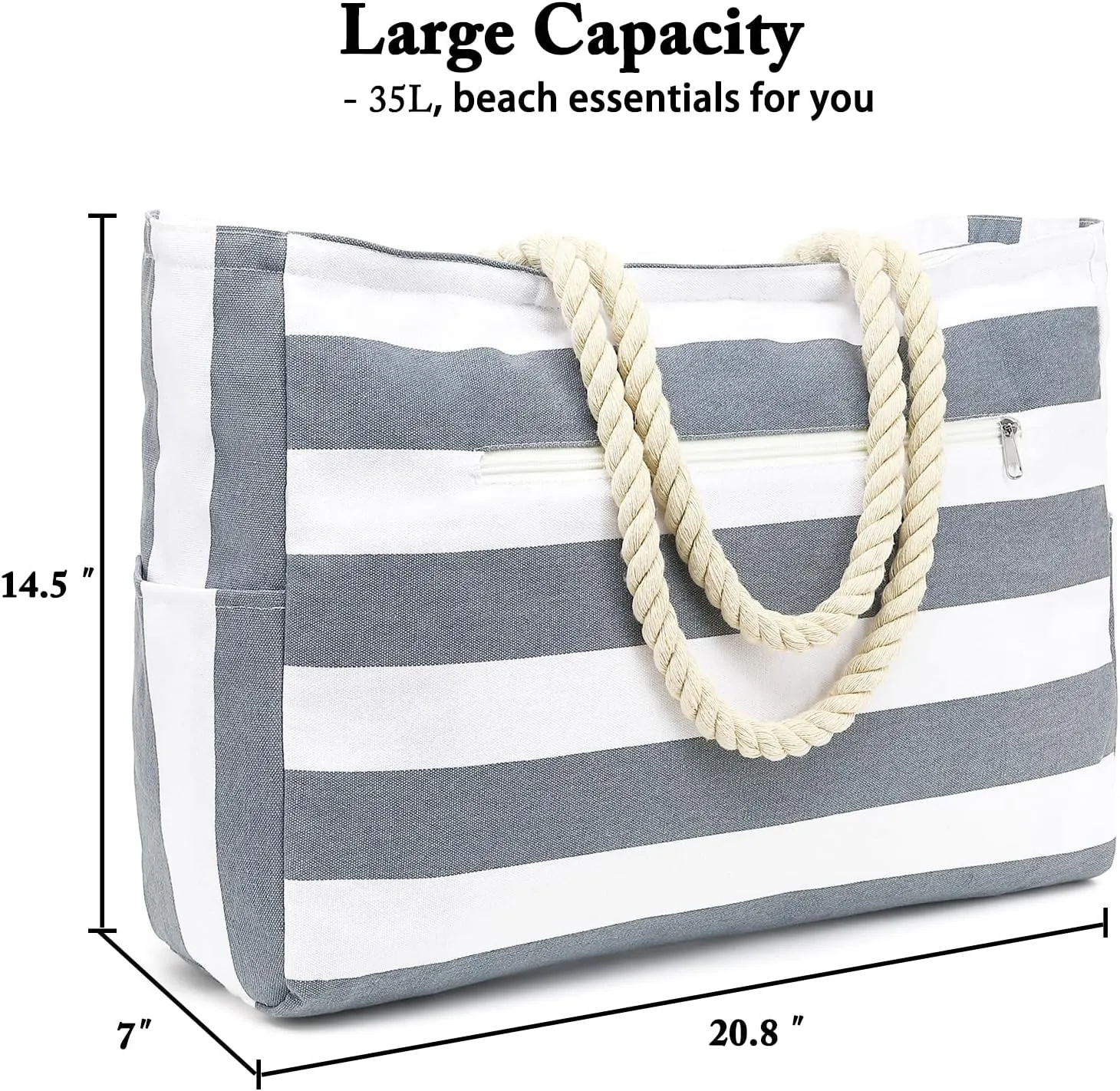 Large Beach Bag for Women, Waterproof Travel Tote Bag with Lunch/Wet Pocket for Weekender, Sandproof, Zipper Closure