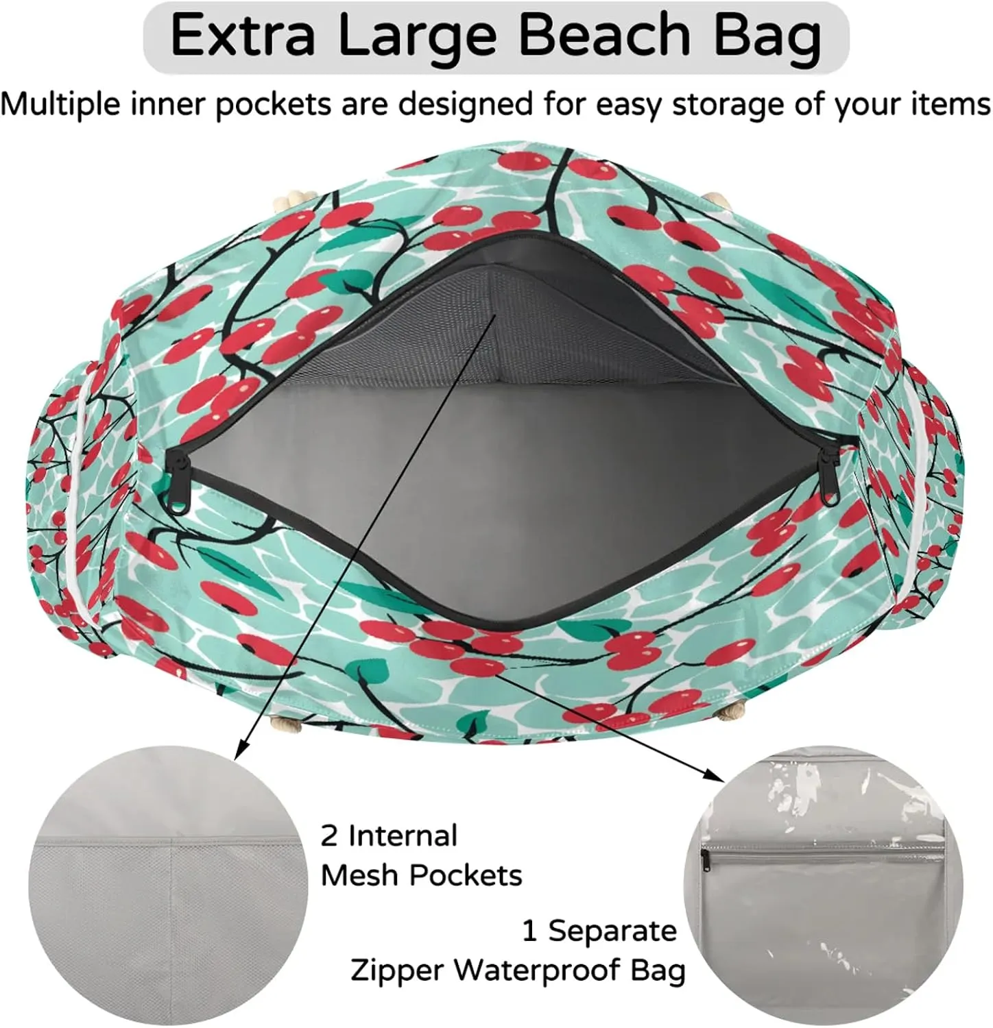 Large Beach Bags for Women and Men, Waterproof Tote with Zipper, Reusable Grocery Shopping Shoulder Bag