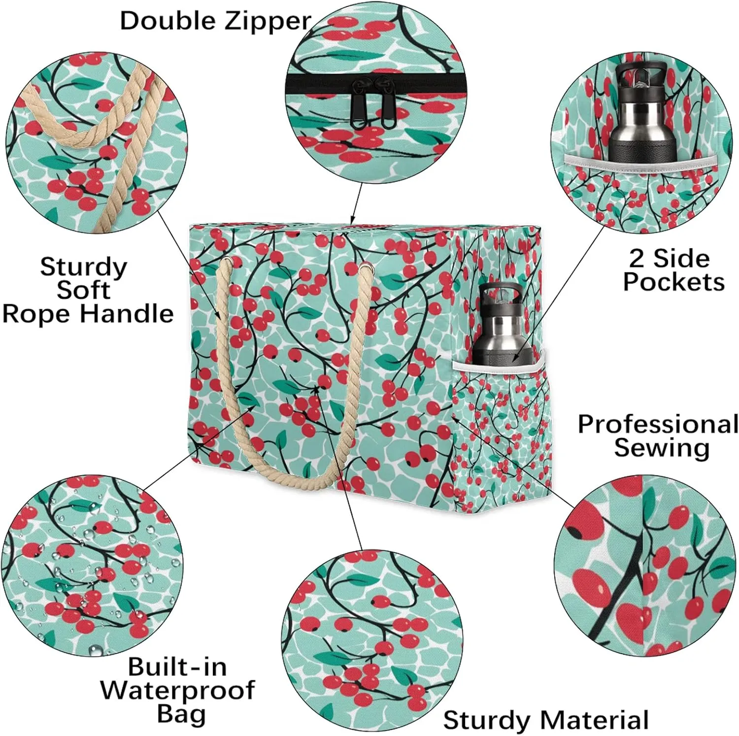 Large Beach Bags for Women and Men, Waterproof Tote with Zipper, Reusable Grocery Shopping Shoulder Bag