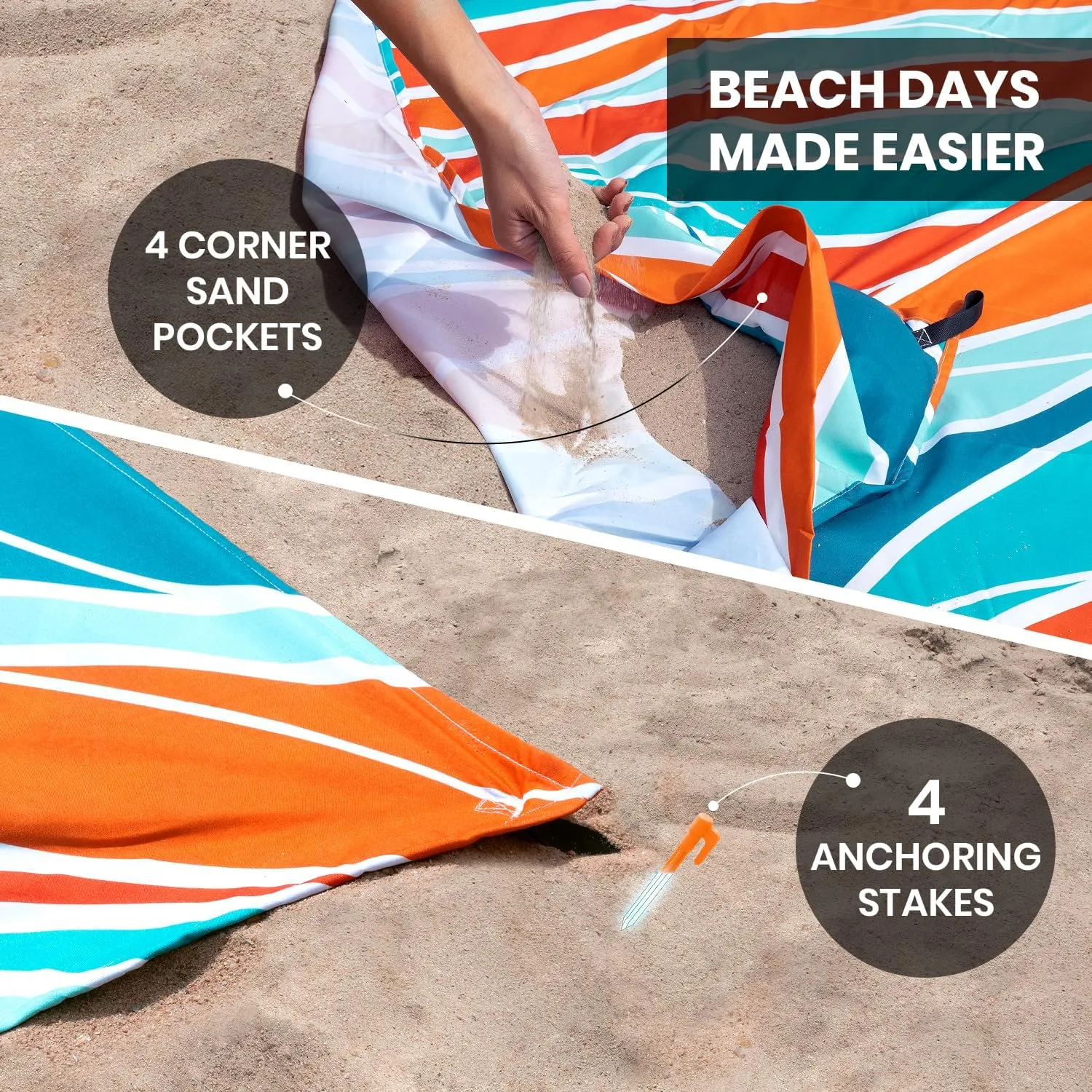 Large Beach Blanket Waterproof & Sandproof 7'x8' for 6 People - Beach Essentials for Family, Picnic, Concert, Travel - Includes 4 ( 2) Stakes - by Everlasting Comfort