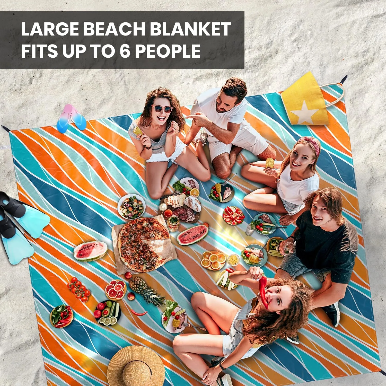 Large Beach Blanket Waterproof & Sandproof 7'x8' for 6 People - Beach Essentials for Family, Picnic, Concert, Travel - Includes 4 ( 2) Stakes - by Everlasting Comfort