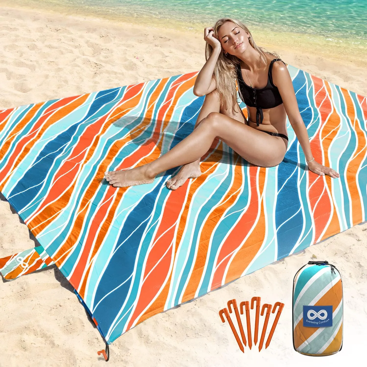 Large Beach Blanket Waterproof & Sandproof 7'x8' for 6 People - Beach Essentials for Family, Picnic, Concert, Travel - Includes 4 ( 2) Stakes - by Everlasting Comfort