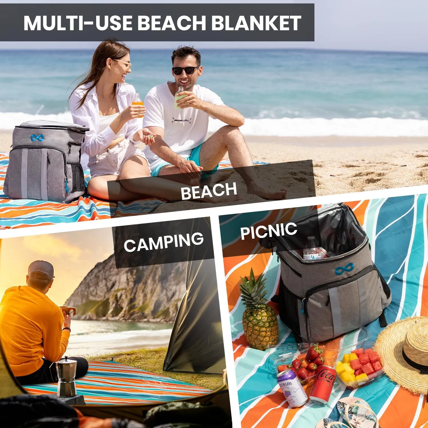Large Beach Blanket Waterproof & Sandproof 7'x8' for 6 People - Beach Essentials for Family, Picnic, Concert, Travel - Includes 4 ( 2) Stakes - by Everlasting Comfort