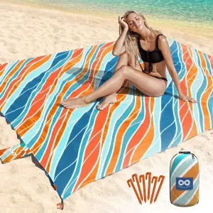 Large Beach Blanket Waterproof & Sandproof 7'x8' for 6 People - Beach Essentials for Family, Picnic, Concert, Travel - Includes 4 ( 2) Stakes - by Everlasting Comfort