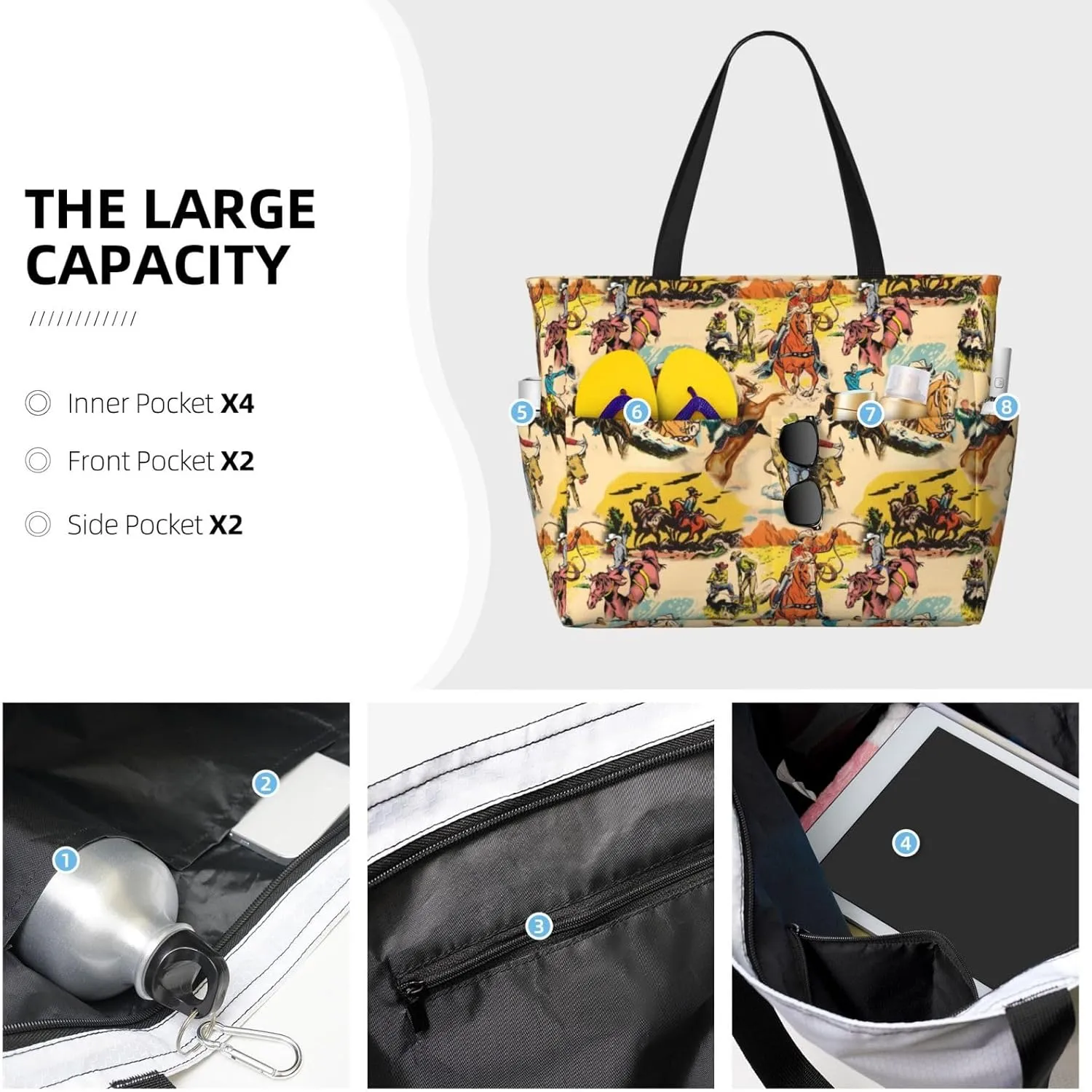 Large Beach Tote Bag Women Waterproof Sandproof Zipper Beach Bag with Side Pocket for Pool Gym