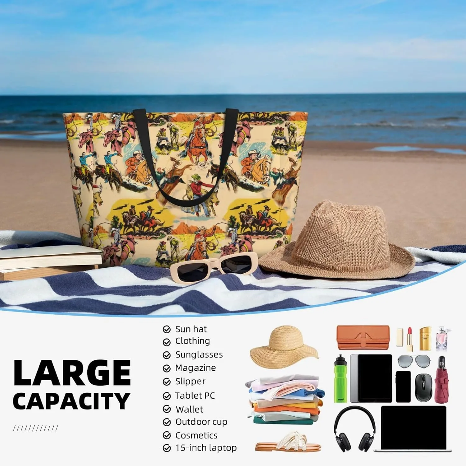 Large Beach Tote Bag Women Waterproof Sandproof Zipper Beach Bag with Side Pocket for Pool Gym