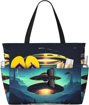 Large Capacity Beach Bag - print Waterproof Travel Bag Spacecraft descend Multi-Pocket Tote for Vacation Gym Women