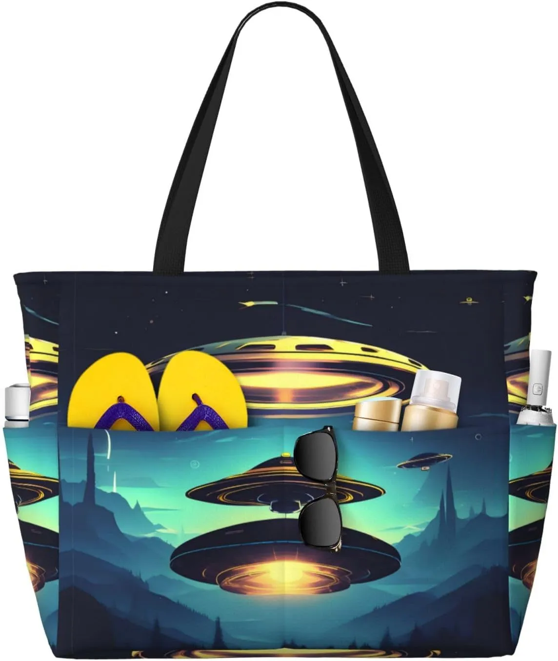 Large Capacity Beach Bag - print Waterproof Travel Bag Spacecraft descend Multi-Pocket Tote for Vacation Gym Women