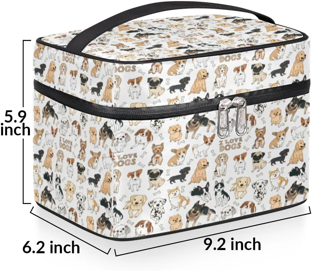 Large Makeup Bag Cute Dog Cosmetic Bag, White Travel Toiletry Bag for Women Cute Animal Skincare Pouches for Organization with Handle Divider,Portable Aesthetic Makeup Box Organizer Case for Girls