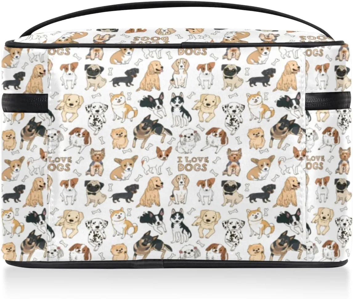 Large Makeup Bag Cute Dog Cosmetic Bag, White Travel Toiletry Bag for Women Cute Animal Skincare Pouches for Organization with Handle Divider,Portable Aesthetic Makeup Box Organizer Case for Girls