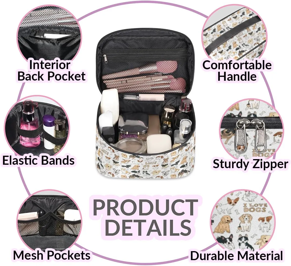 Large Makeup Bag Cute Dog Cosmetic Bag, White Travel Toiletry Bag for Women Cute Animal Skincare Pouches for Organization with Handle Divider,Portable Aesthetic Makeup Box Organizer Case for Girls