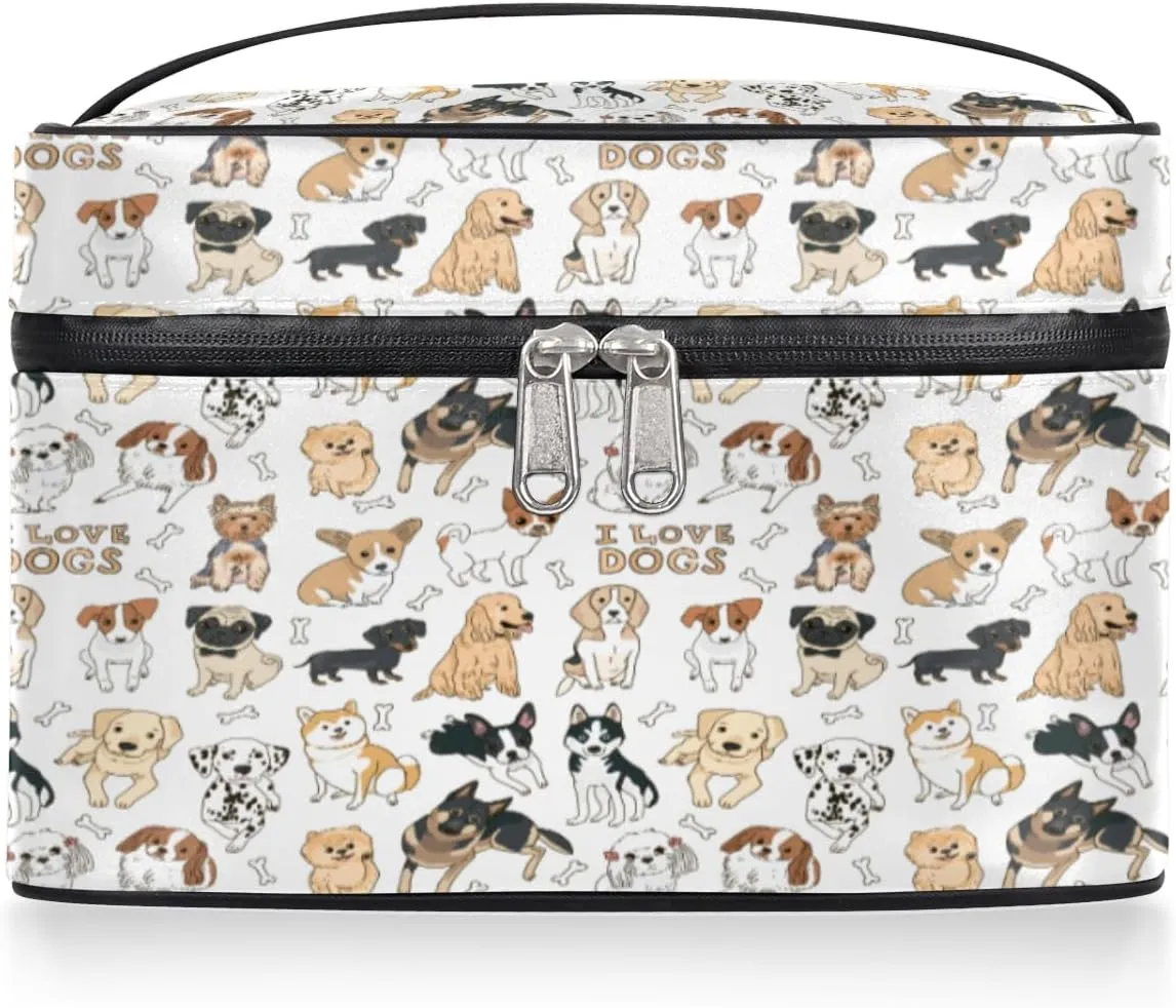 Large Makeup Bag Cute Dog Cosmetic Bag, White Travel Toiletry Bag for Women Cute Animal Skincare Pouches for Organization with Handle Divider,Portable Aesthetic Makeup Box Organizer Case for Girls