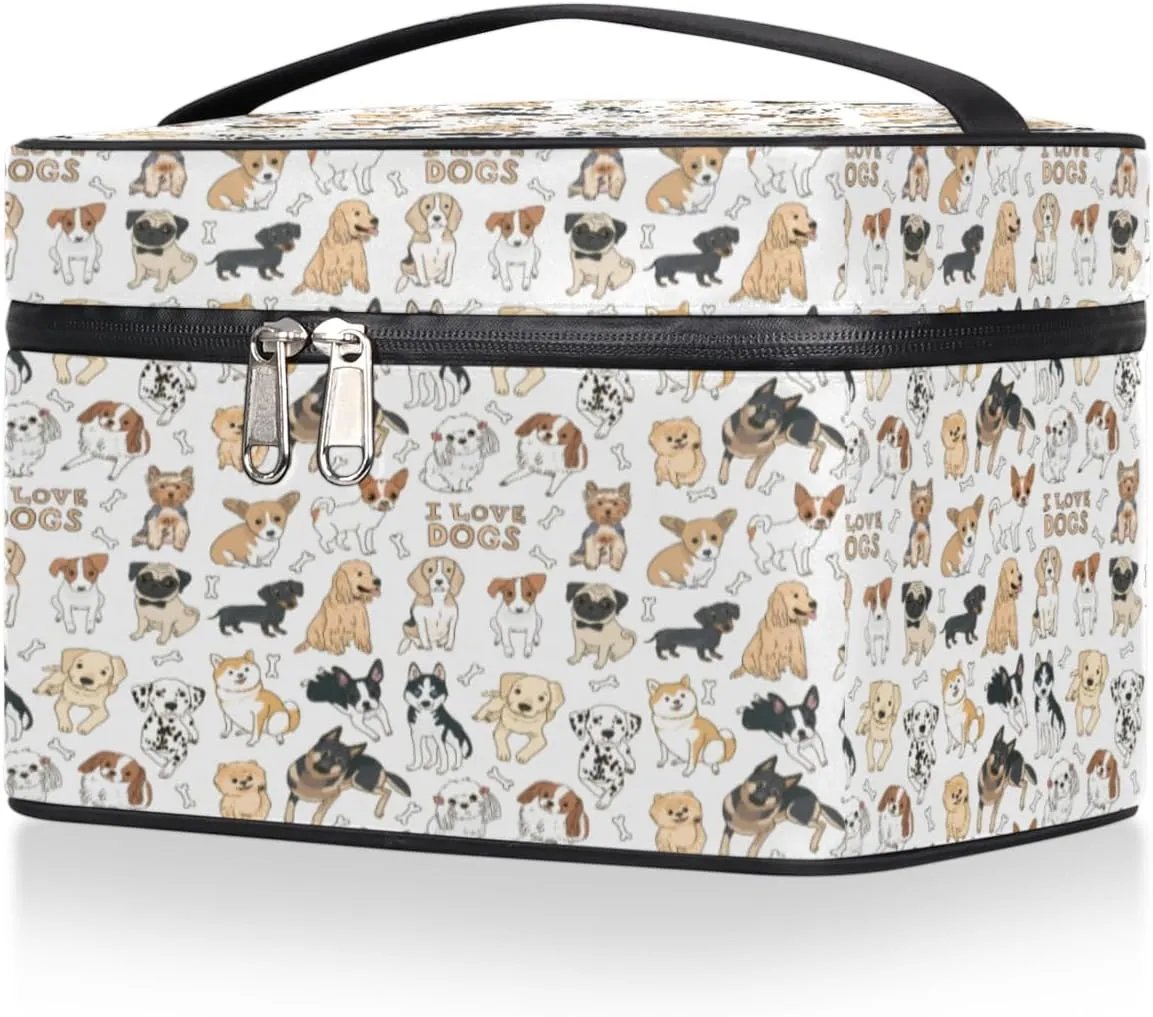 Large Makeup Bag Cute Dog Cosmetic Bag, White Travel Toiletry Bag for Women Cute Animal Skincare Pouches for Organization with Handle Divider,Portable Aesthetic Makeup Box Organizer Case for Girls