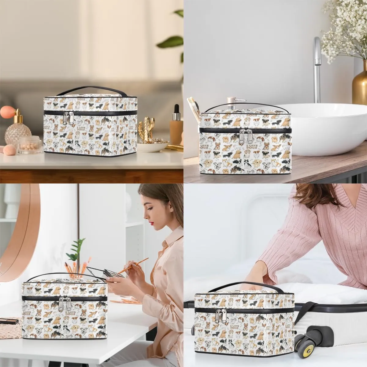 Large Makeup Bag Cute Dog Cosmetic Bag, White Travel Toiletry Bag for Women Cute Animal Skincare Pouches for Organization with Handle Divider,Portable Aesthetic Makeup Box Organizer Case for Girls
