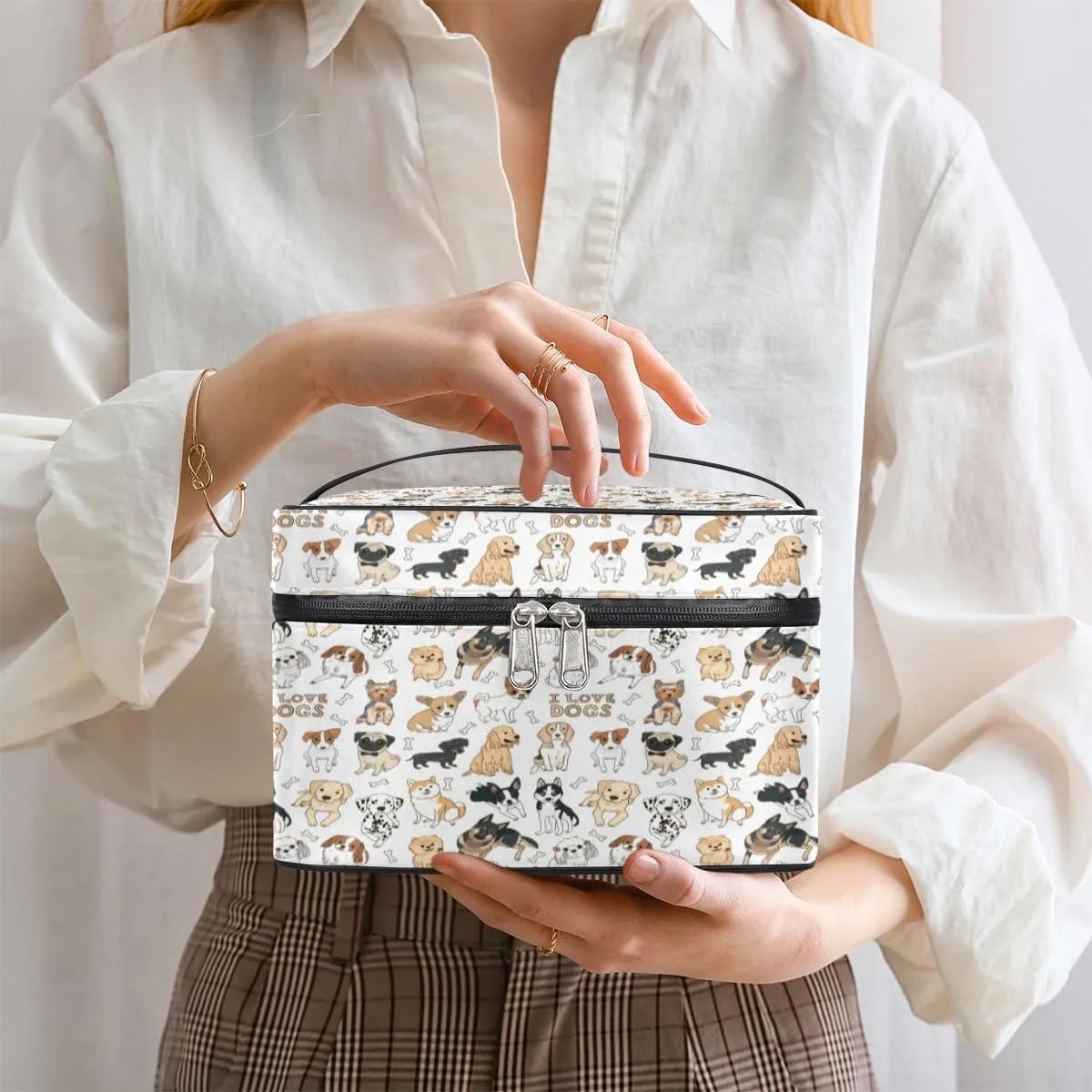 Large Makeup Bag Cute Dog Cosmetic Bag, White Travel Toiletry Bag for Women Cute Animal Skincare Pouches for Organization with Handle Divider,Portable Aesthetic Makeup Box Organizer Case for Girls