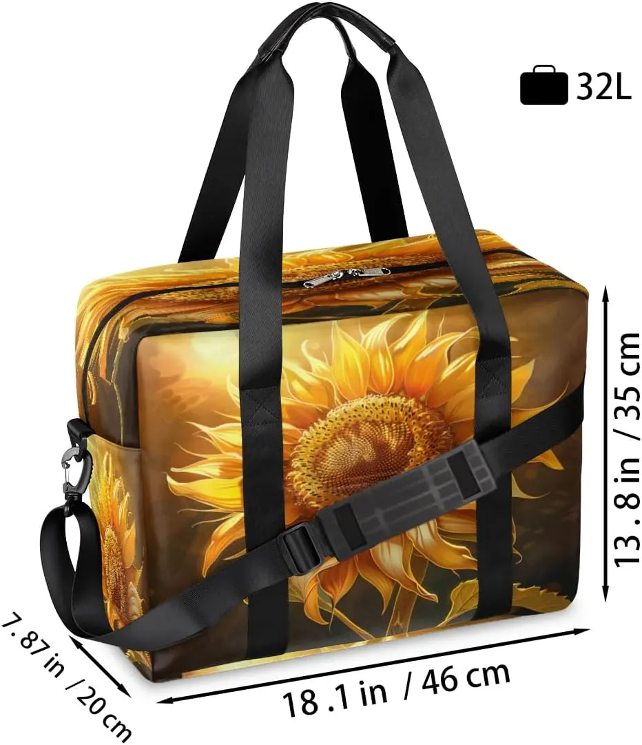 Large Sunflower Pattern Womens Travel Bags, Weekender Carry on for Women, Sports Gym Bag, Workout Duffel bag, Overnight Shoulder Bag