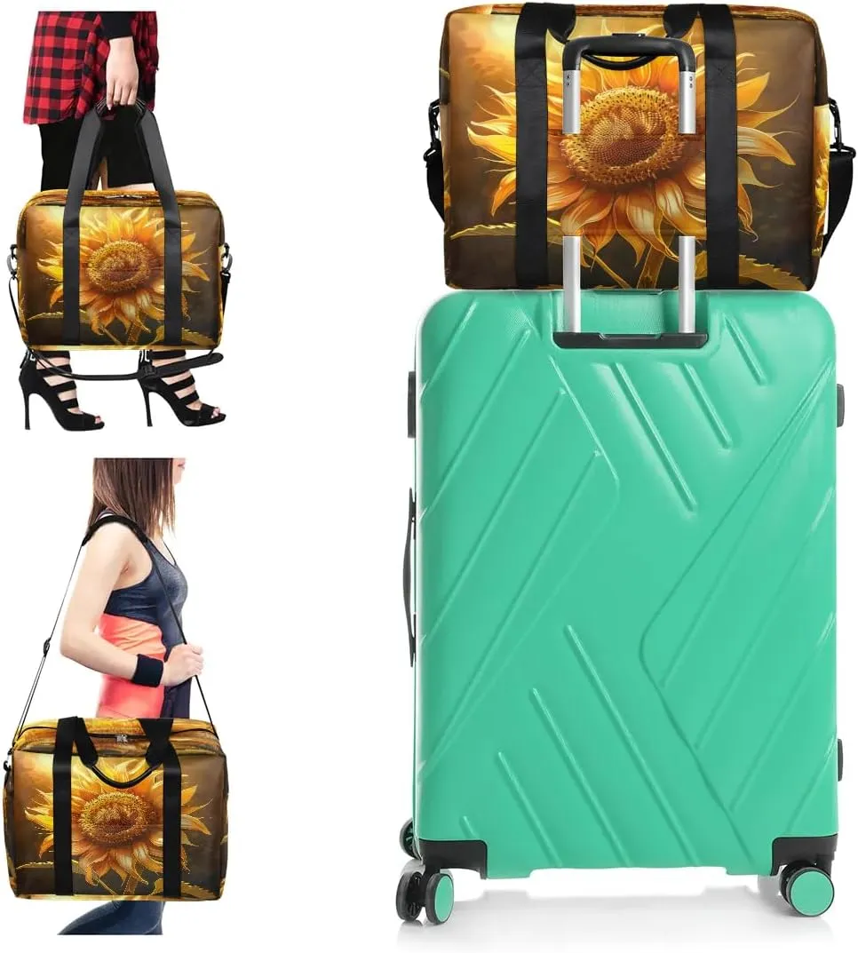 Large Sunflower Pattern Womens Travel Bags, Weekender Carry on for Women, Sports Gym Bag, Workout Duffel bag, Overnight Shoulder Bag