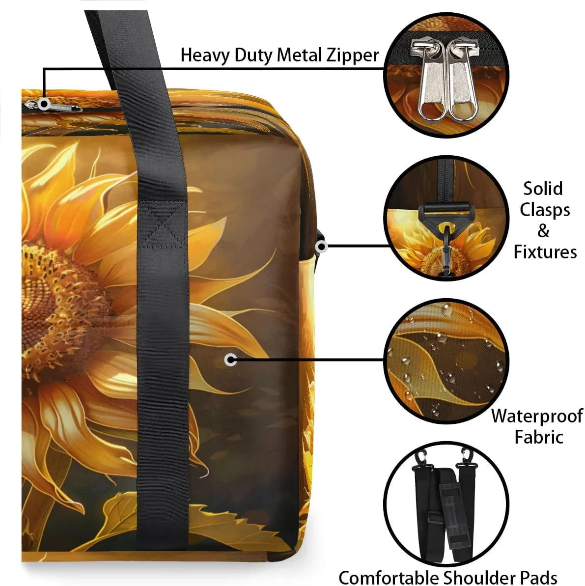 Large Sunflower Pattern Womens Travel Bags, Weekender Carry on for Women, Sports Gym Bag, Workout Duffel bag, Overnight Shoulder Bag