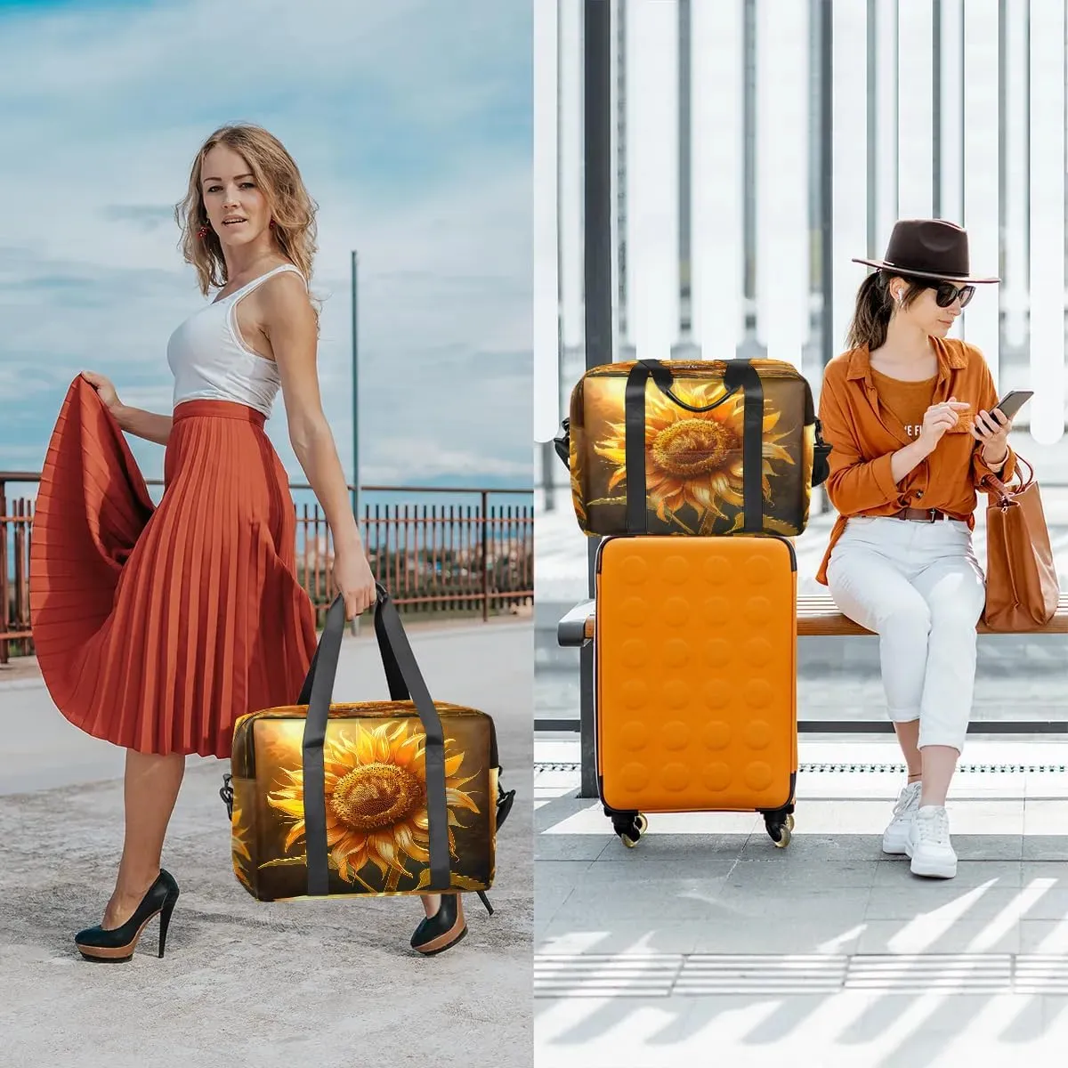 Large Sunflower Pattern Womens Travel Bags, Weekender Carry on for Women, Sports Gym Bag, Workout Duffel bag, Overnight Shoulder Bag