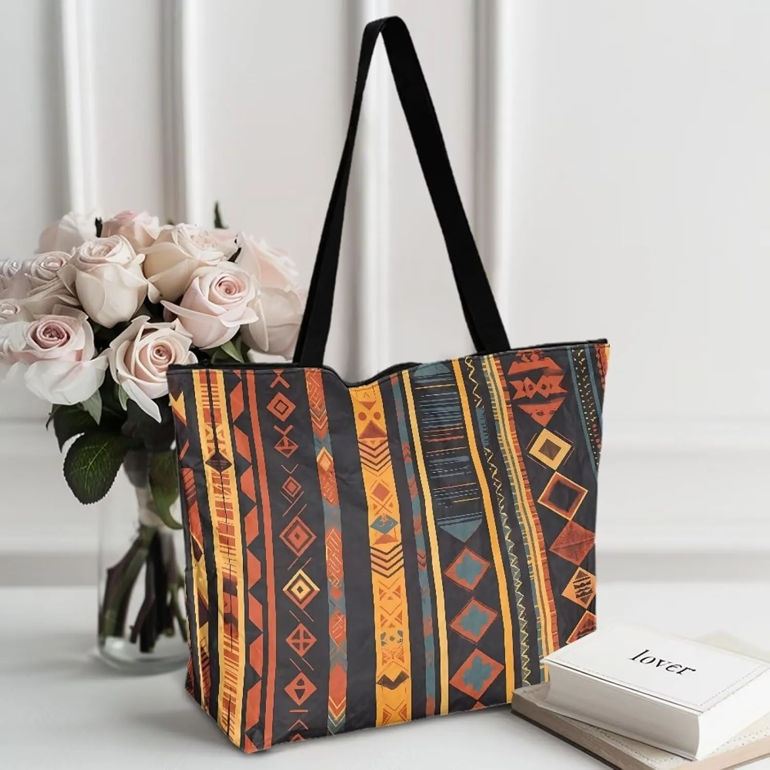 Large Tote Bag for Women African Style Zipper Work Tote Handbag, Ethnic Style Shoulder Bag for Travel,School
